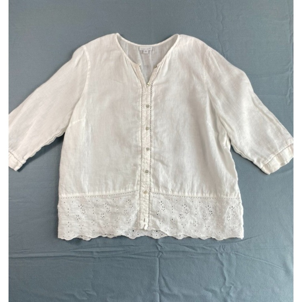 J.Jill Love Linen Blouse Top Shirt Sz XL White Eyelet Dainty Resort Vacation
